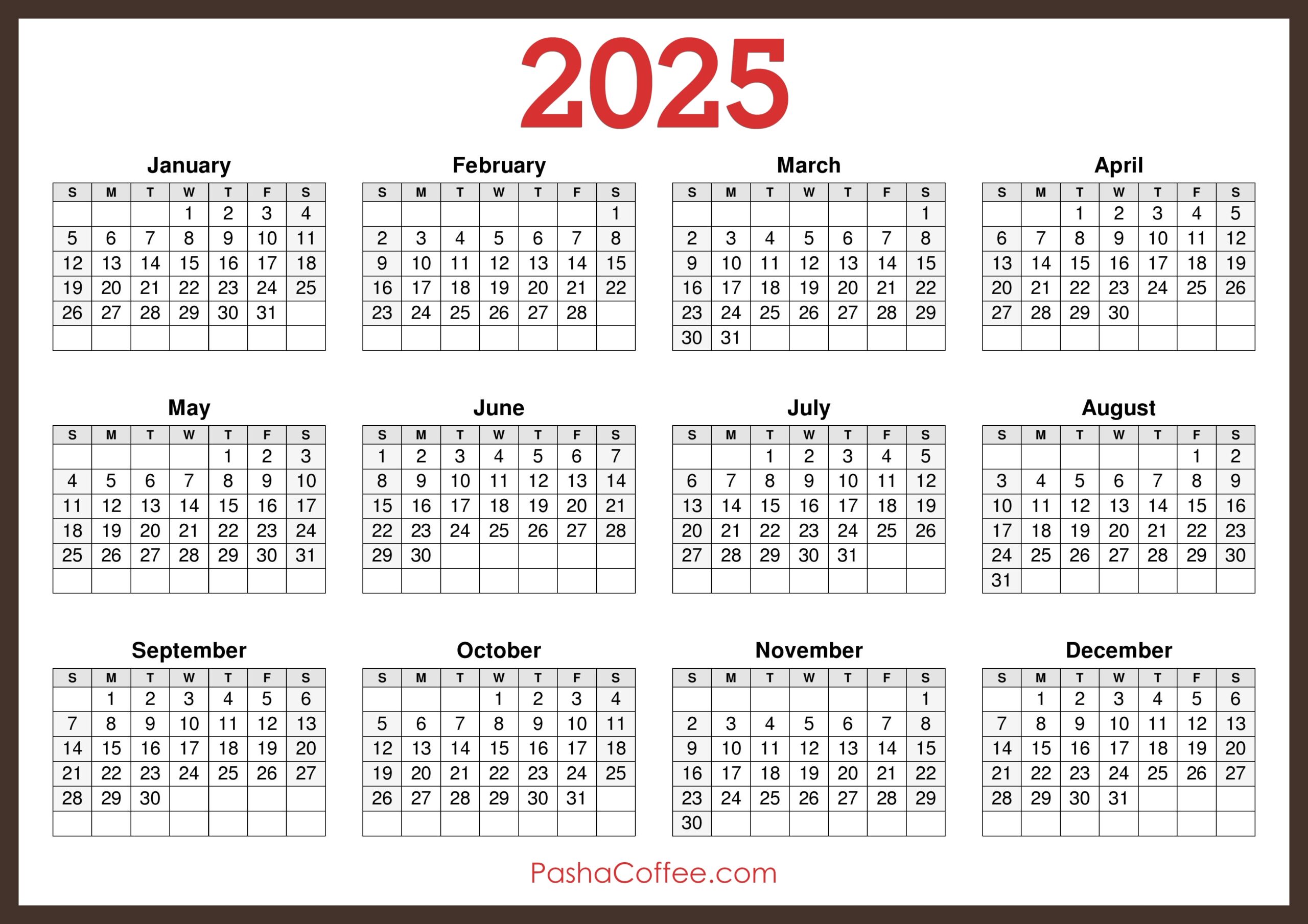 2025 Calendar Printable Free Horizontal Brown PashaCoffee