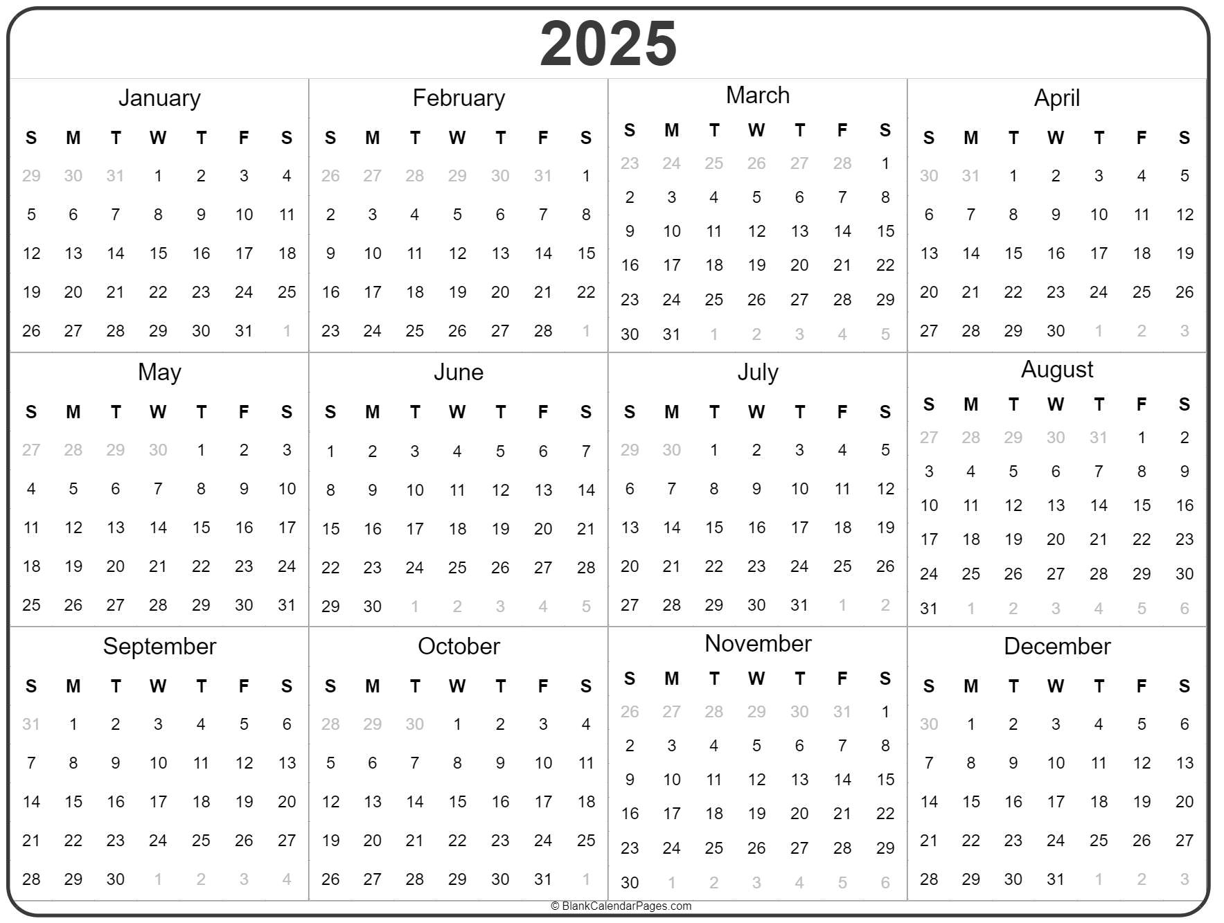 2025 Year Calendar Yearly Printable