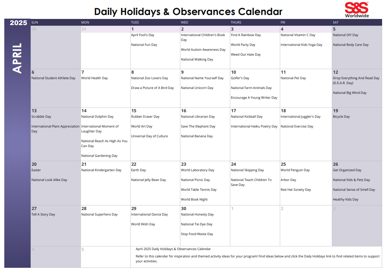 April Daily Holidays Observances Printable Calendar S S Blog