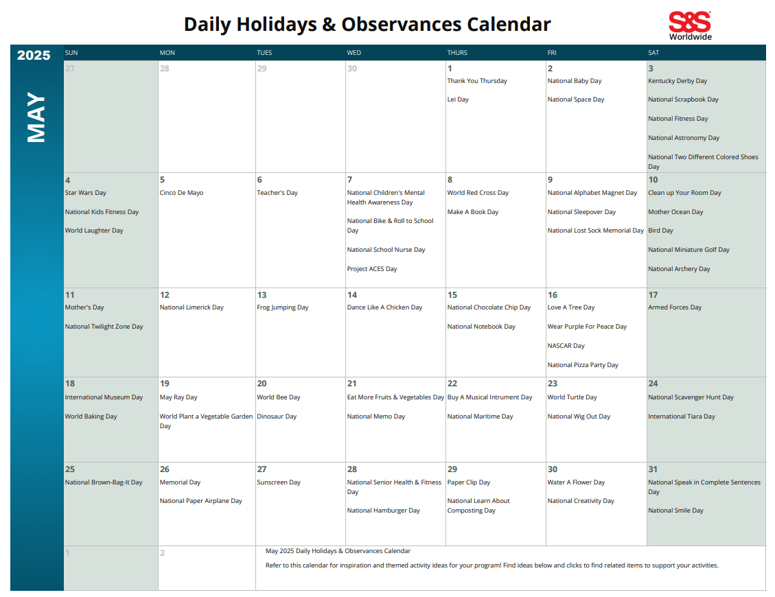 May Daily Holidays Observances Printable Calendar S S Blog