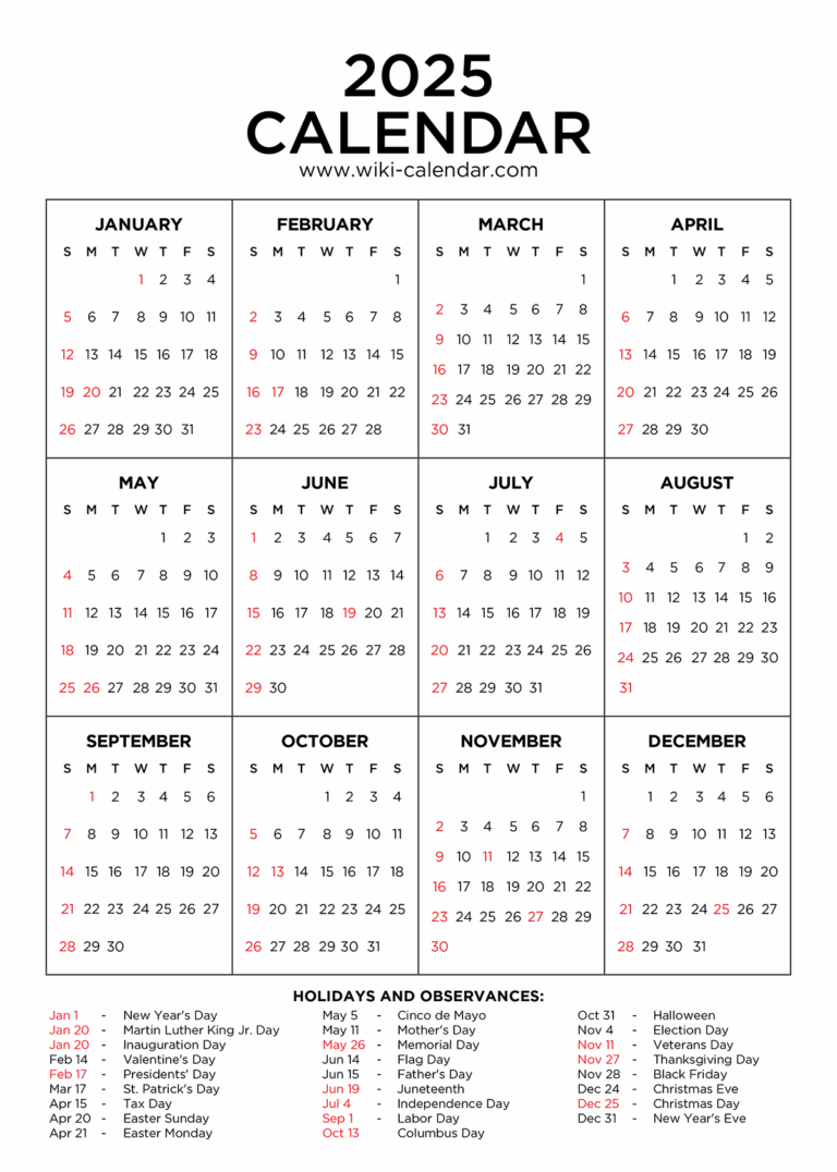 Year 2025 Calendar Printable With Holidays Wiki Calendar