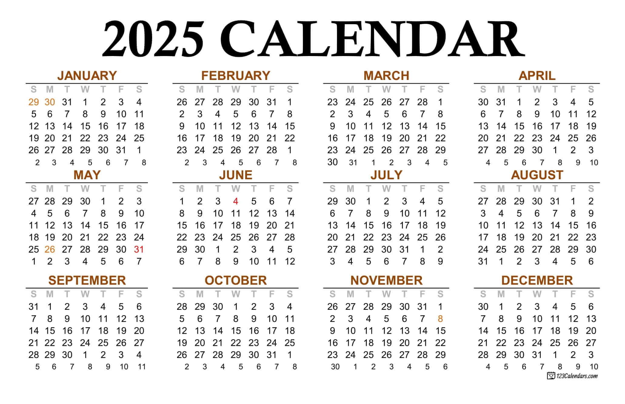 Year 2025 Calendar Templates 123Calendars