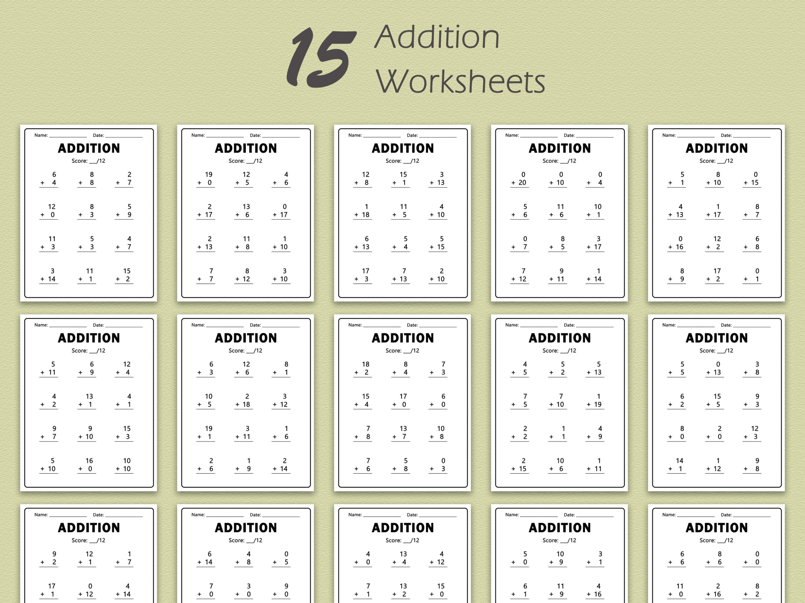 15 Addition Math Worksheets Sum Up To 20 Printable Etsy