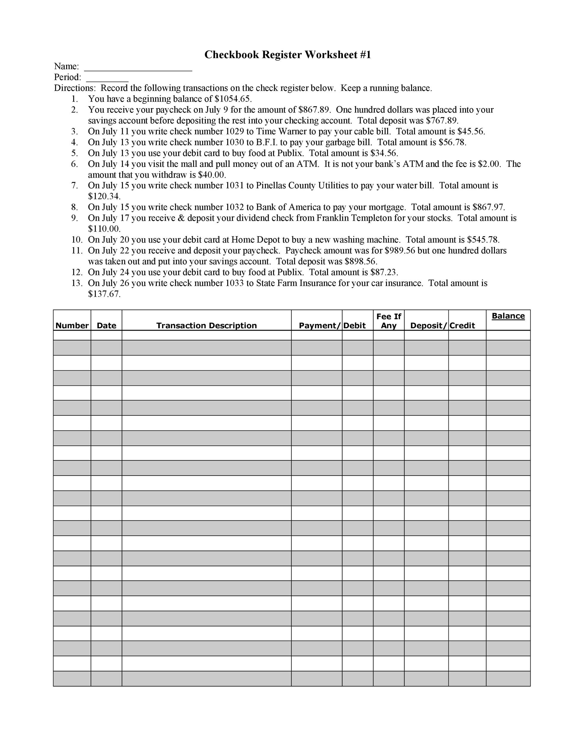 39 Checkbook Register Templates 100 Free Printable TemplateLab Worksheets Library