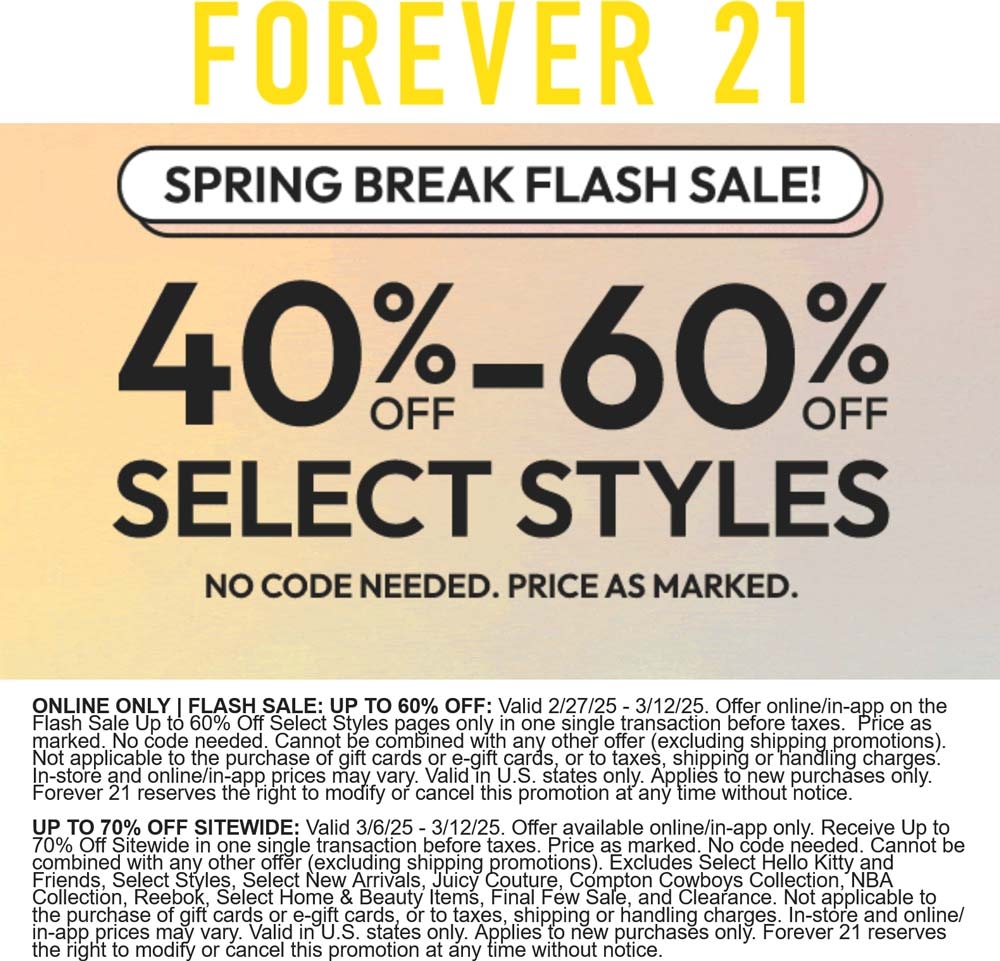 40 60 Off Spring Break Styles Online At Forever 21 Forever 21 July 2025 Coupons Promo Codes Deals 