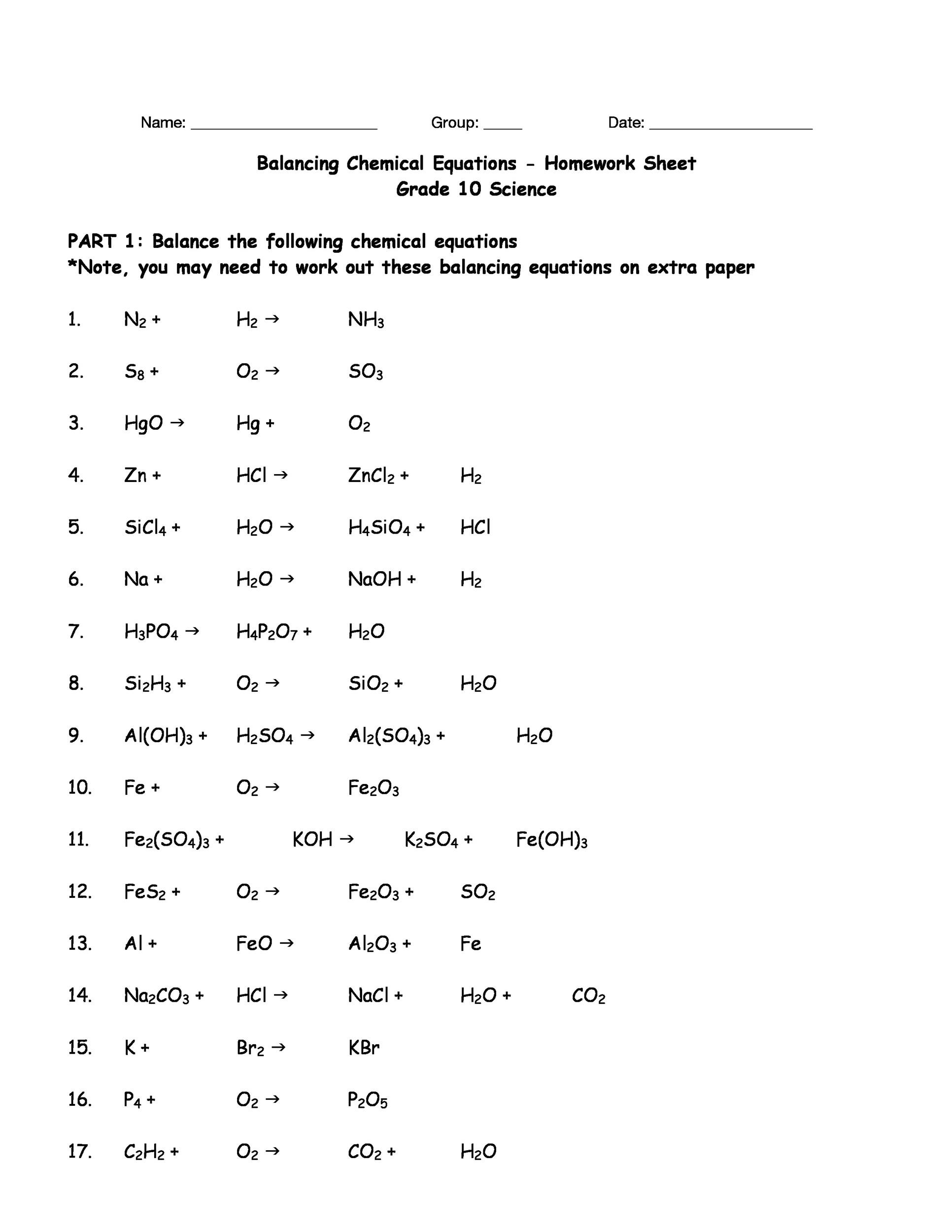 balancing equations worksheet about chemistry