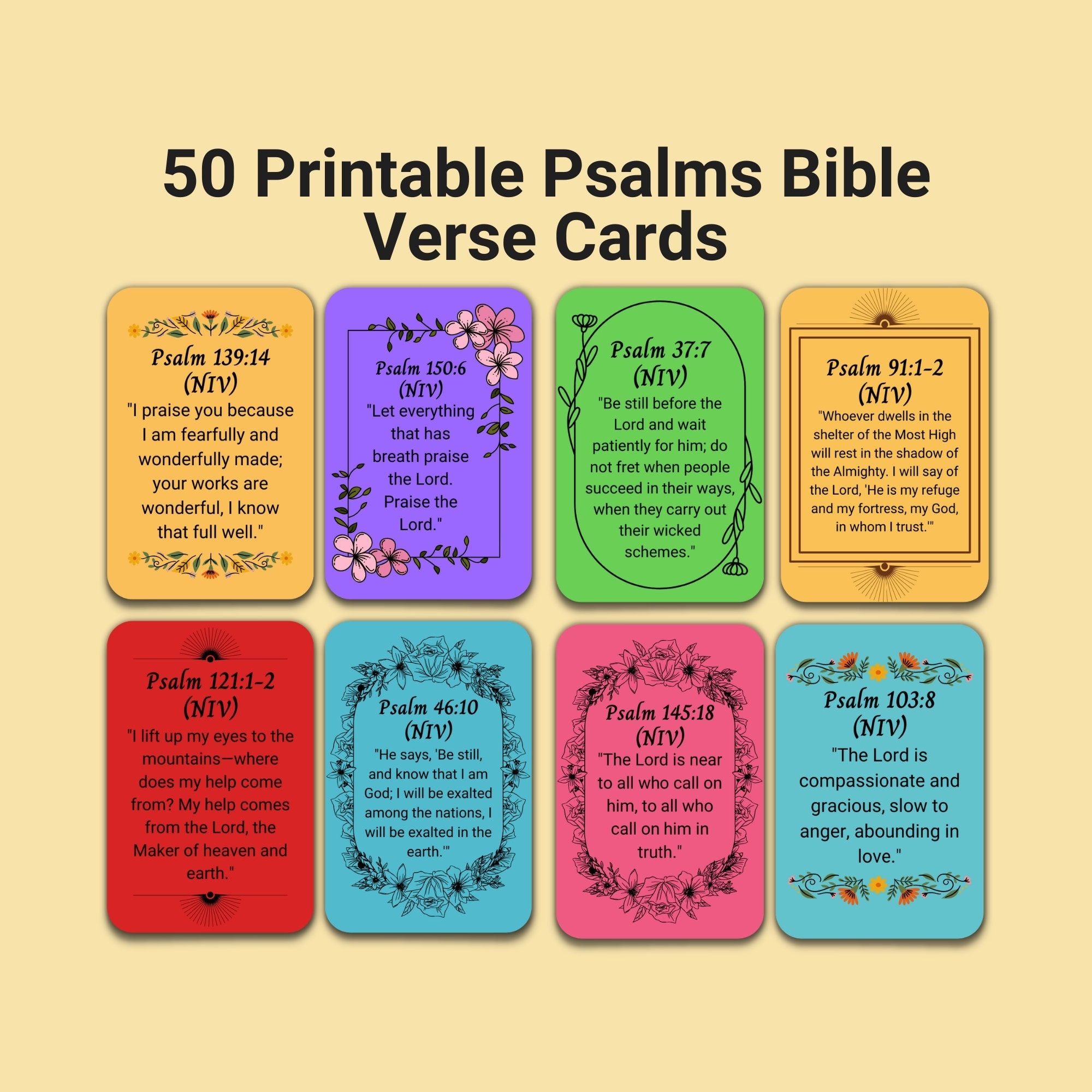 50 Printable Psalms Bible Verse Cards Bible Study Tools Memory Verse Flash Cards Colorful Bible Affirmations Christian Gift For Women Etsy