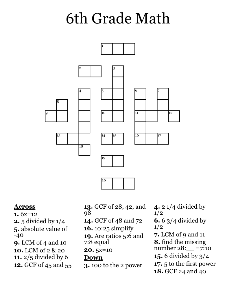 6th Grade Math Crossword WordMint