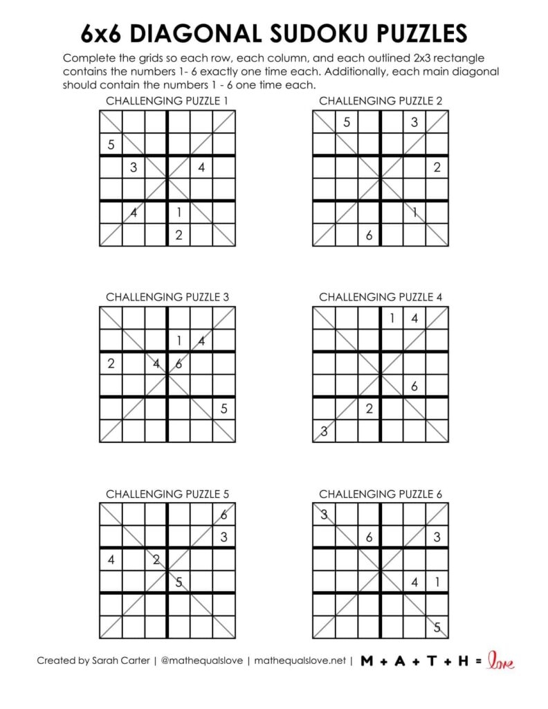6x6 Diagonal Sudoku Puzzles Math Love