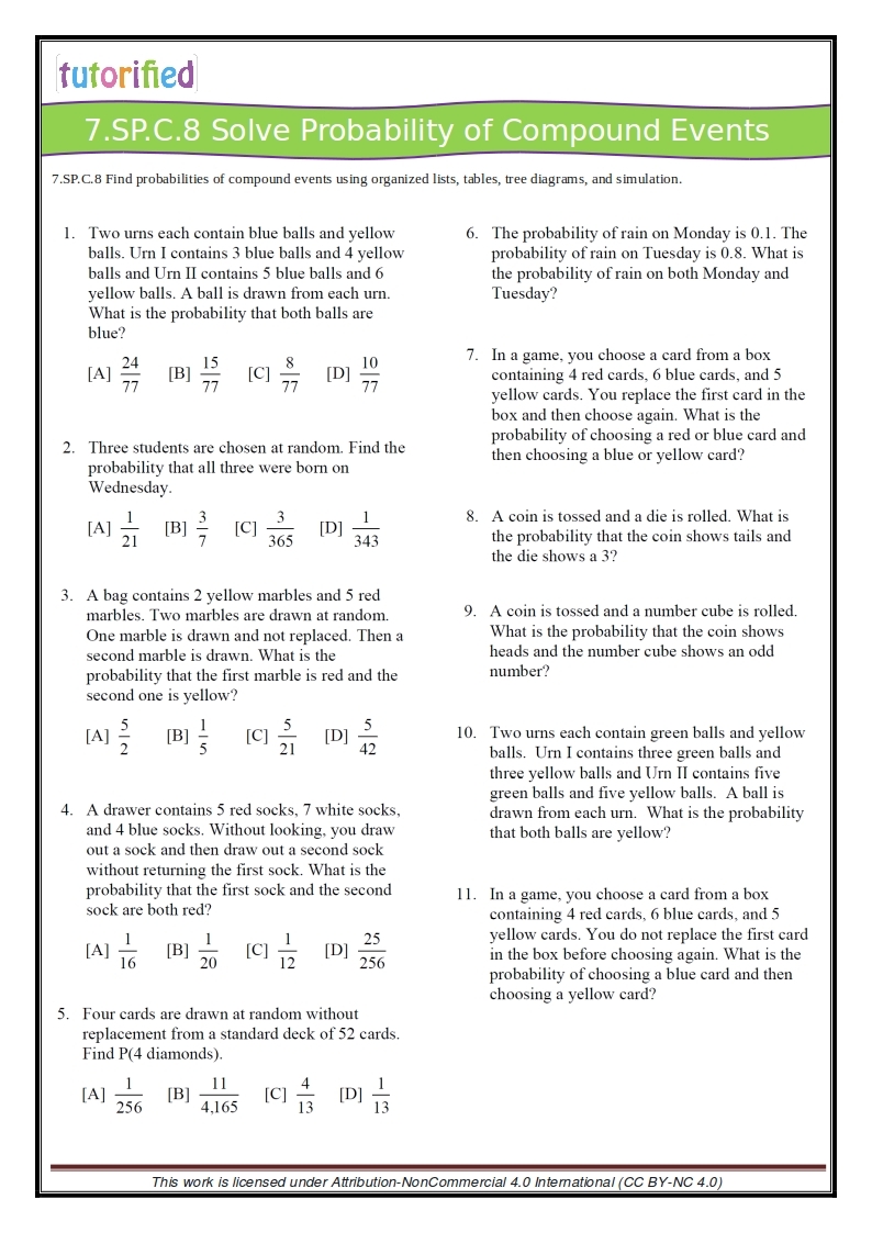 simple events worksheet 7th grade