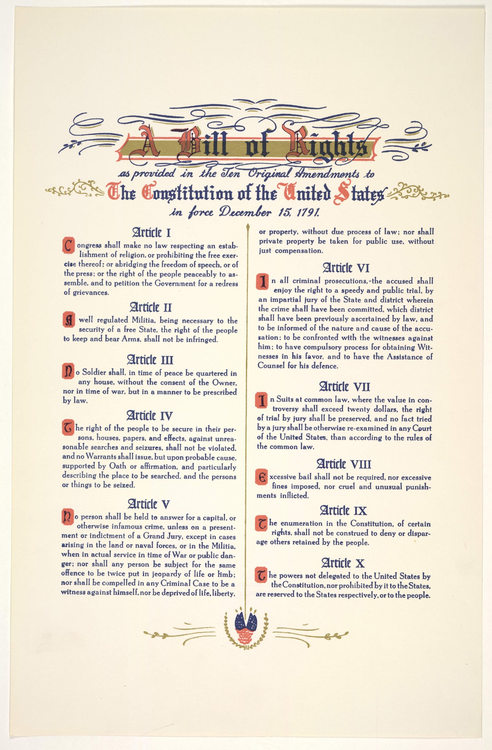 A Bill Of Rights As Provided In The Ten Original Amendments To The Constitution Of The United States In Force December 15 1791 n P 195 Library Of Congress