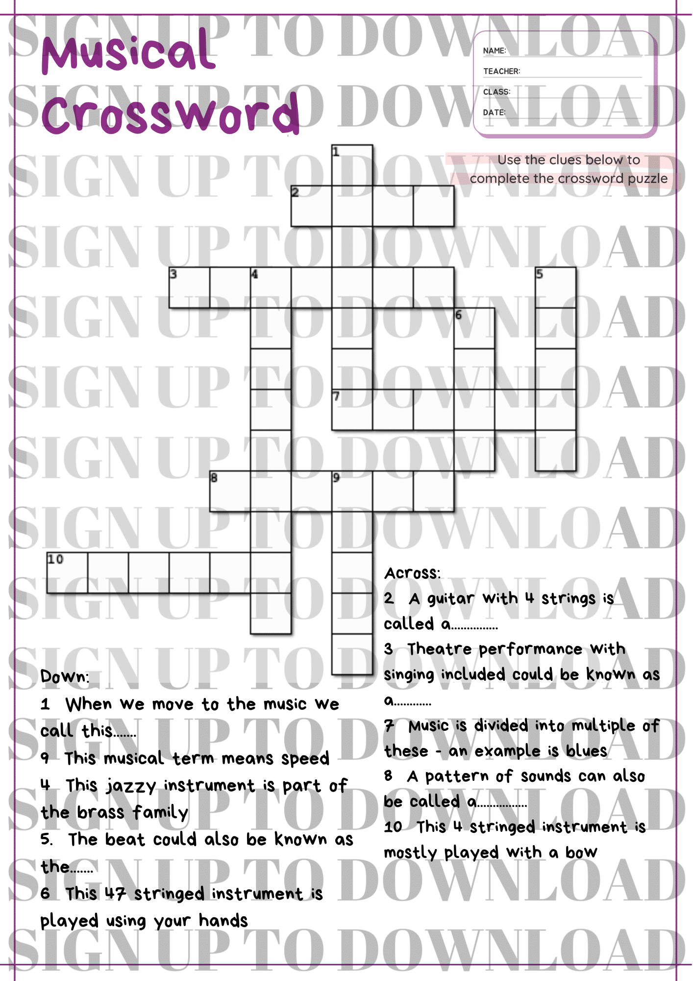 music crosswords printable