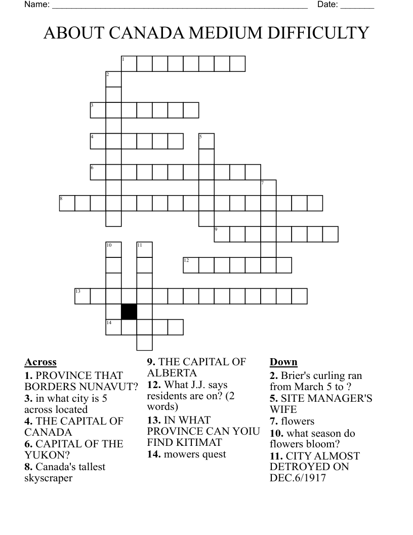 ABOUT CANADA MEDIUM DIFFICULTY Crossword WordMint