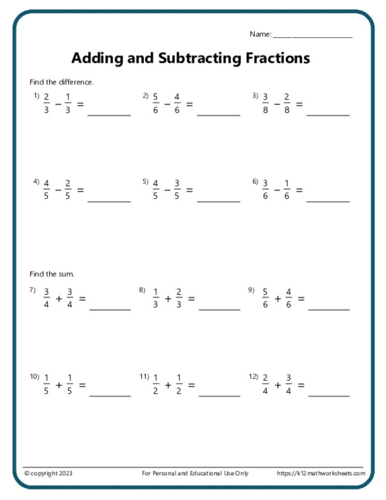 Adding And Subtracting Fractions Worksheets