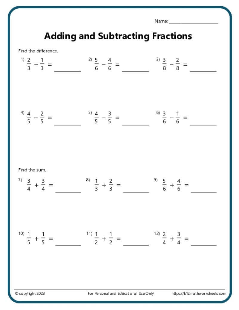 Adding And Subtracting Fractions Worksheets Adding And Subtracting Fractions Worksheets