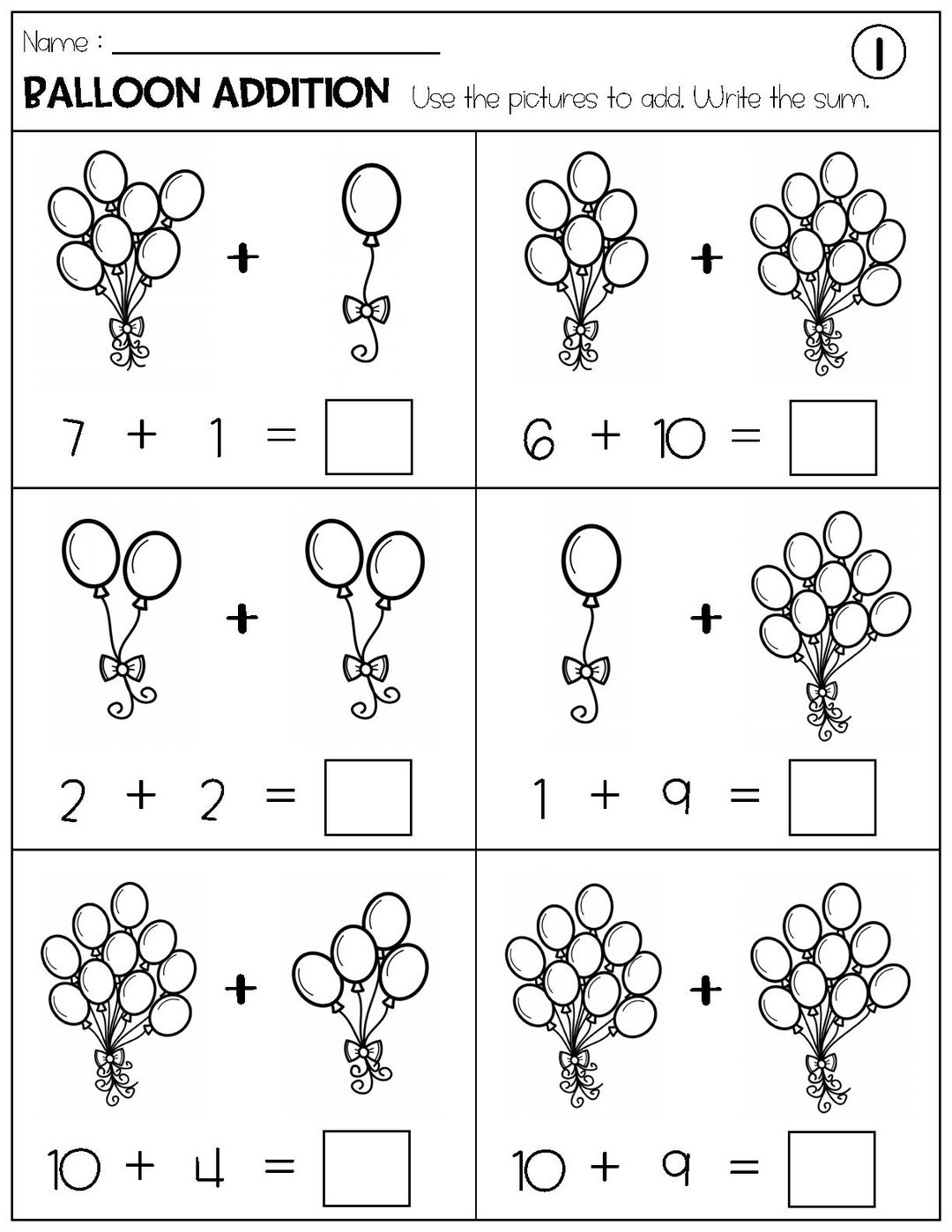 Addition With Pictures Sum Up To 20 Worksheets Adding Balloon Pictures Math Worksheets Printable Etsy