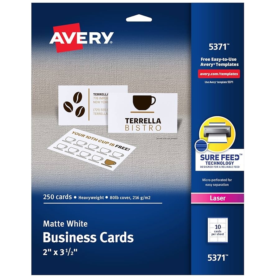 Amazon Avery Printable Business Cards With Sure Feed Technology 2 X 3 5 White 250 Blank Cards For Laser Printers 05371 Business Card Stock Office Products