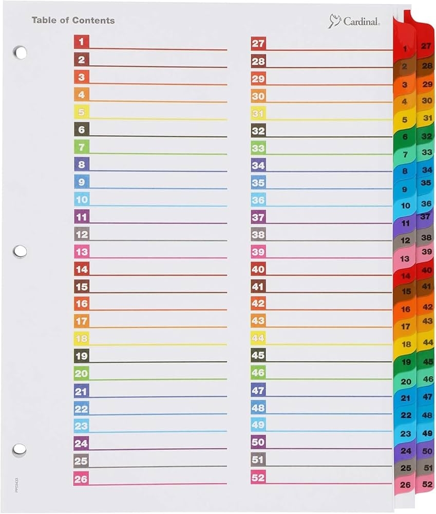 Amazon Cardinal 60990 OneStep Printable Table Of Contents Dividers 52 Tab 11 X 8 1 2 Multicolor Binder Index Dividers Office Products