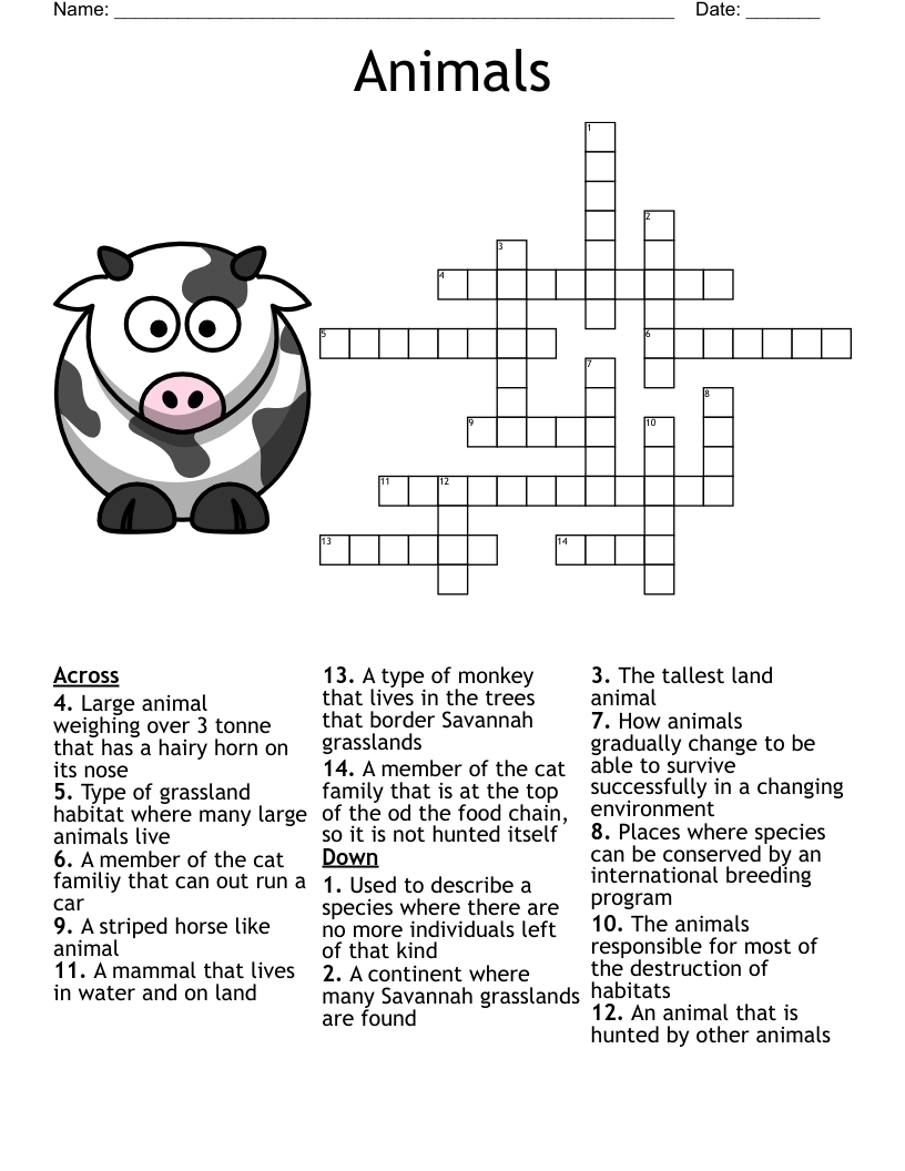 Animals Crossword WordMint