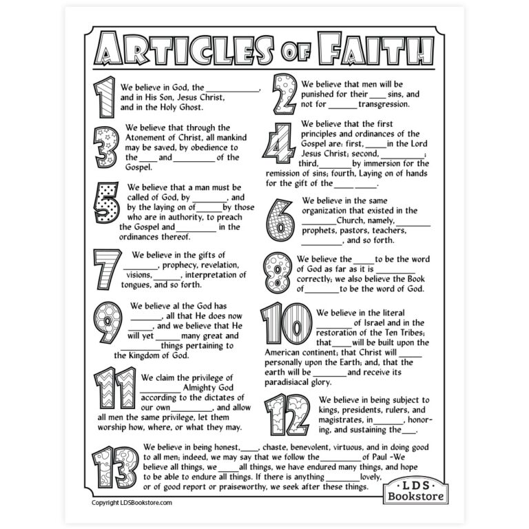 Articles Of Faith Coloring Activity Page Printable