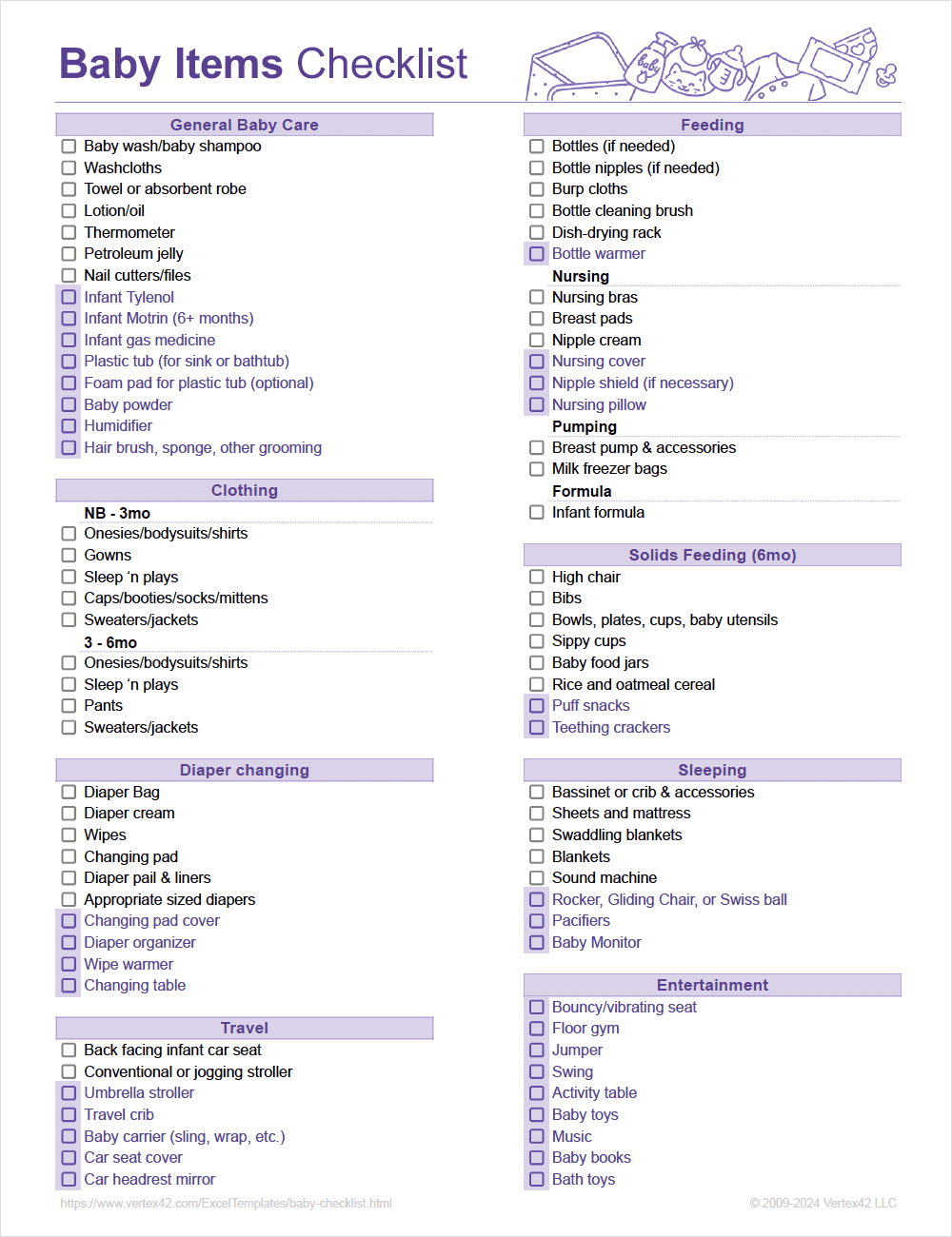 Baby Items Checklist Templates