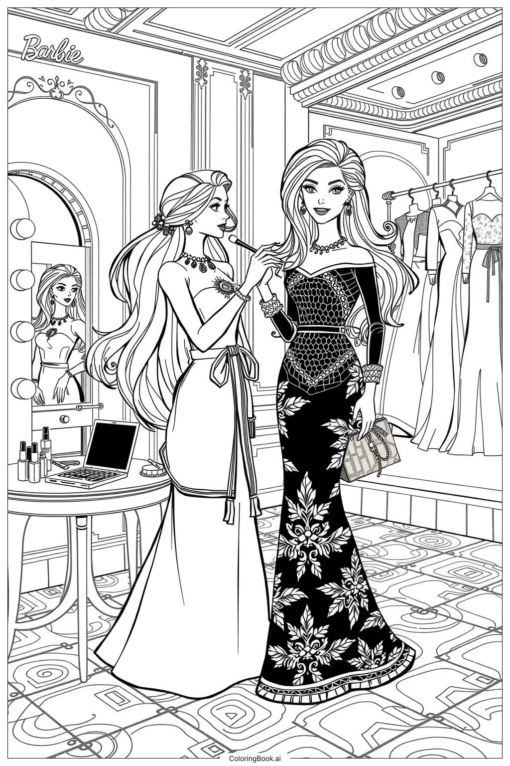 Barbie Makeup Artist Styling A Fashion Show Coloring Page Free PDF PNG Printable 