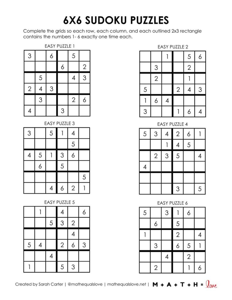 Beginner Sudoku 6x6 Printable Puzzles PDF 