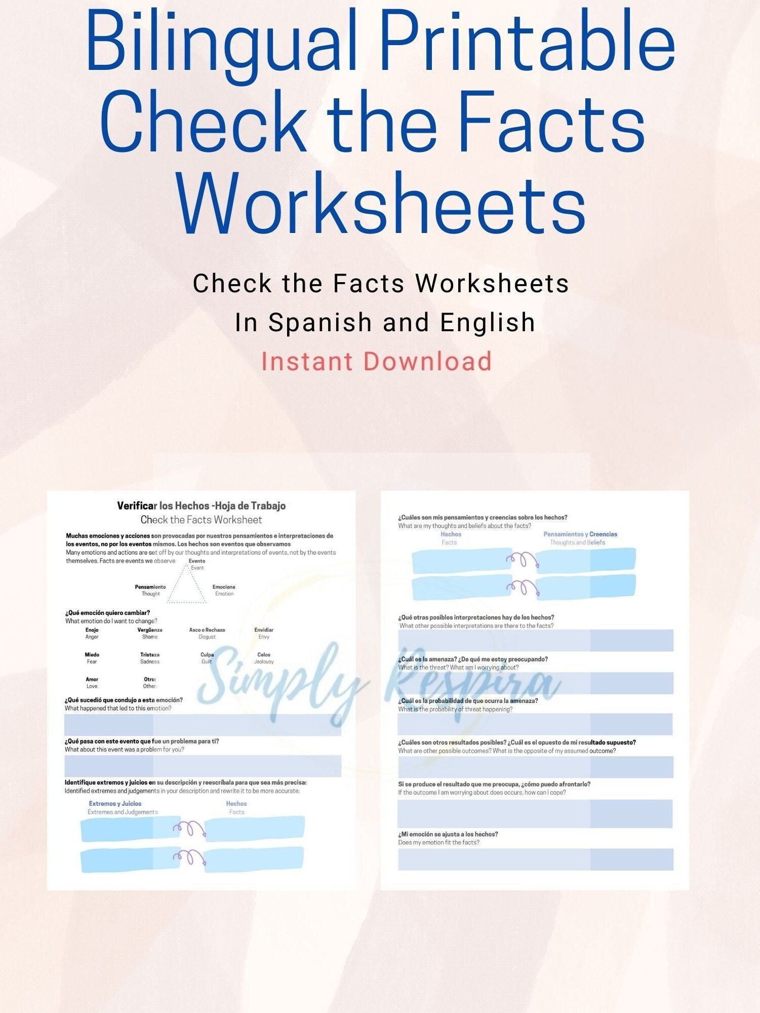 Bilingual Check The Facts Worksheet DBT CBT Worksheet Spanish English Self help Page Therapy Aid Espa ol Spanish Therapy Etsy