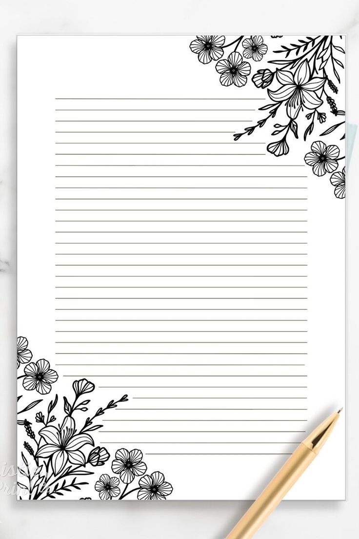 Black And White Floral Lined Paper Printable Stationery Paper Journal Paper Digital Download Stationary Paper Minimalist Penpal Letter Etsy