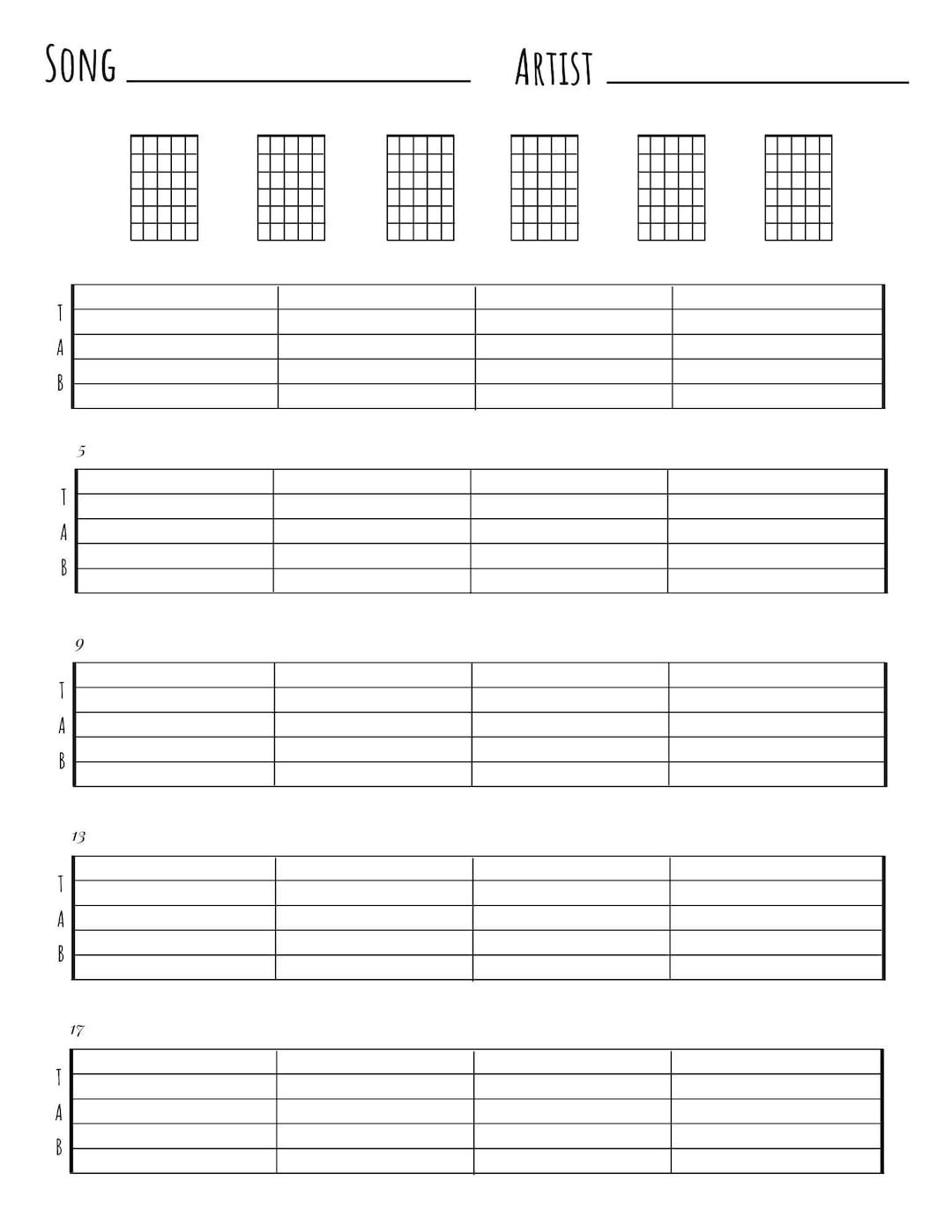 Blank Guitar Tabs Chords Chart Minimalist Sheet Music instant Download Etsy