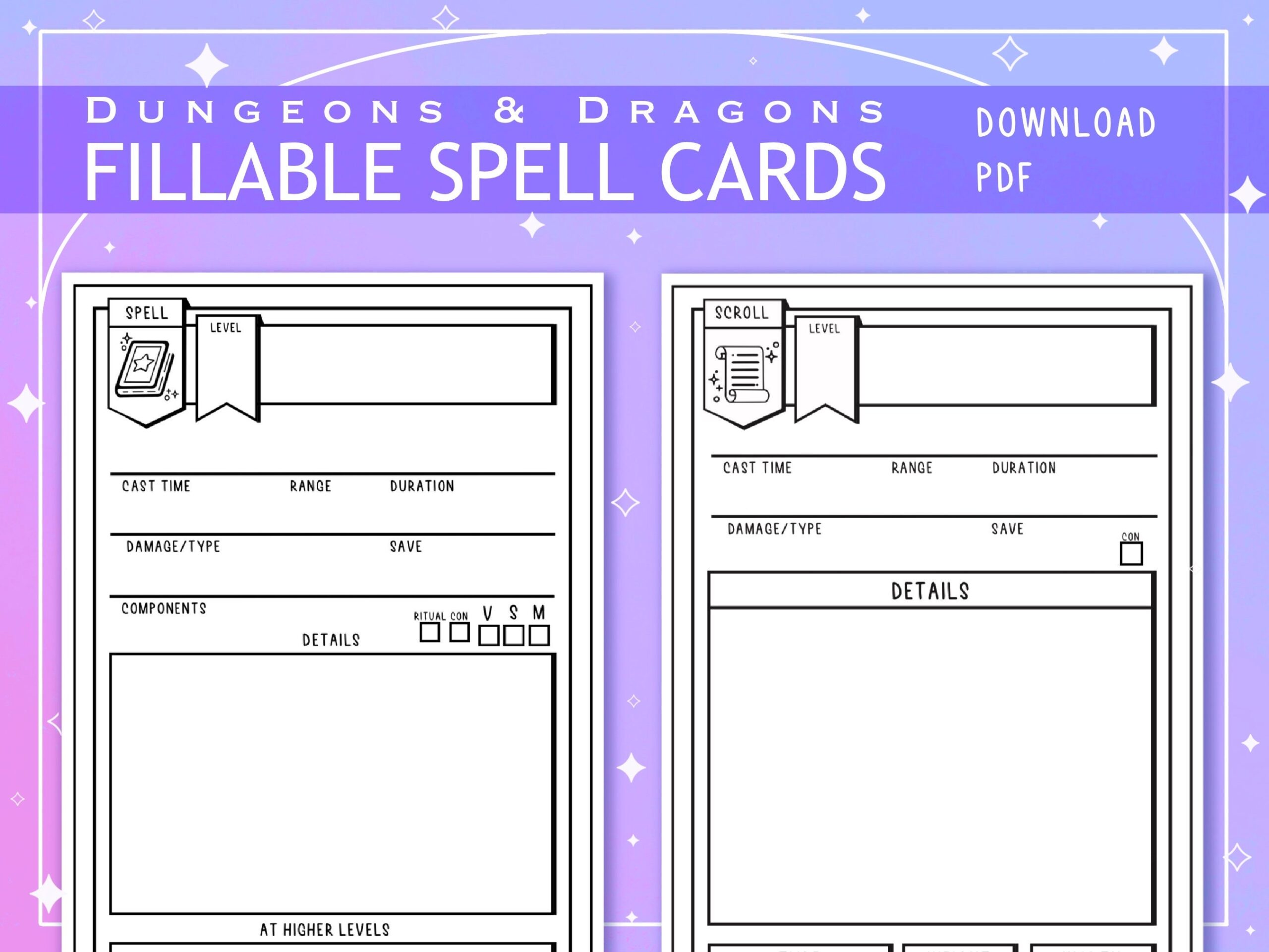Blank Illustrated PDF Spell And Scroll Cards For Dungeons And Dragons 5th Edition Form Fillable Etsy