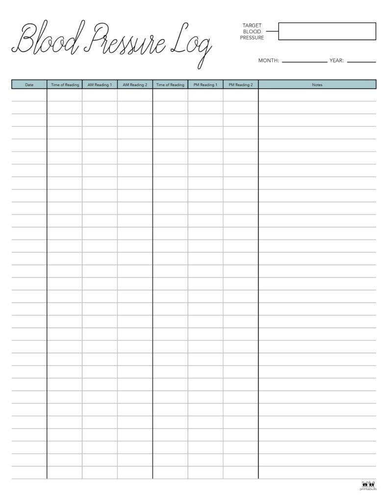 Blood Pressure Logs 25 FREE Printables Printabulls