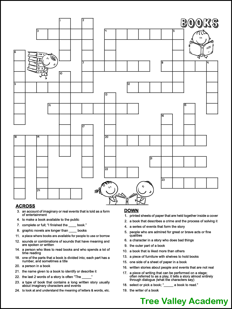 Book Themed Crossword Puzzle For Kids Tree Valley Academy Book Themed Crossword Puzzle For Kids Tree Valley Academy