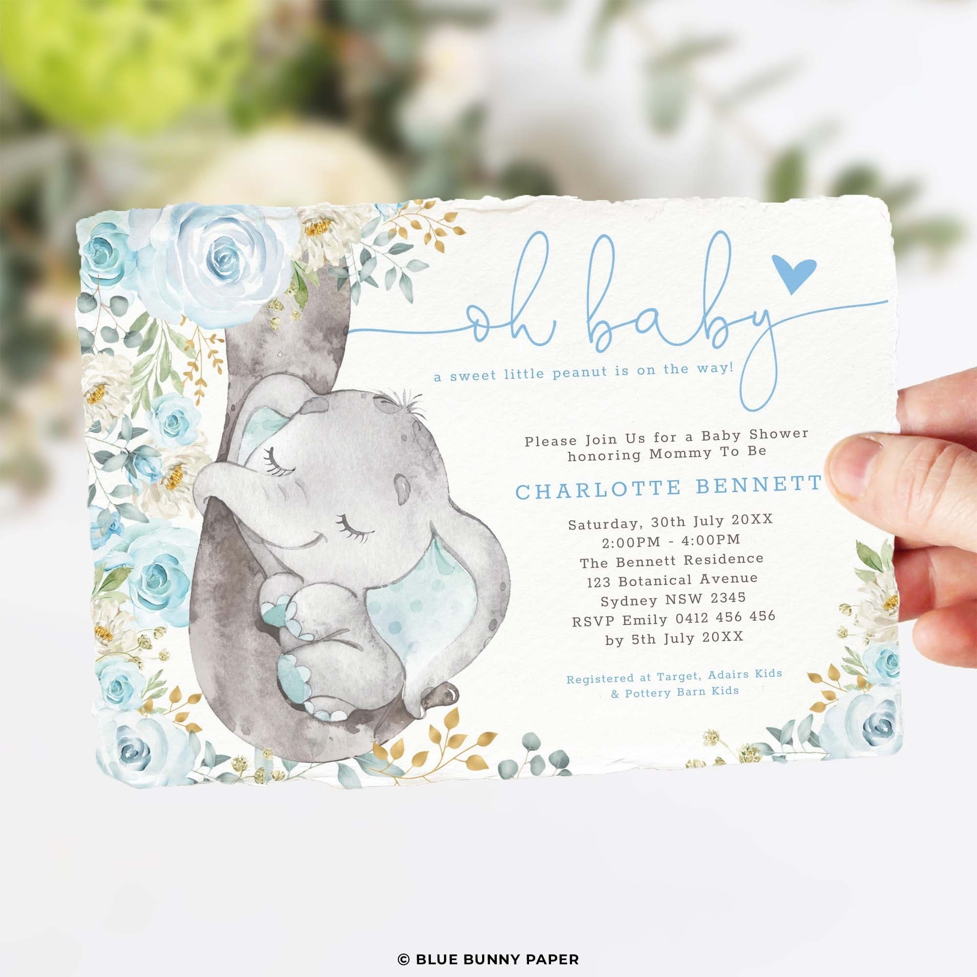Boy Elephant Baby Shower Invitation Template EDITABLE Blue Floral Roses Jungle Elephant Printable Invite Blue And Gold Shower EL8 Etsy