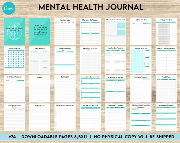 Canva Editable Mental Health Templates 8 5x11 Inch A4 Size For Journal Notebook Binder Planners Weekly