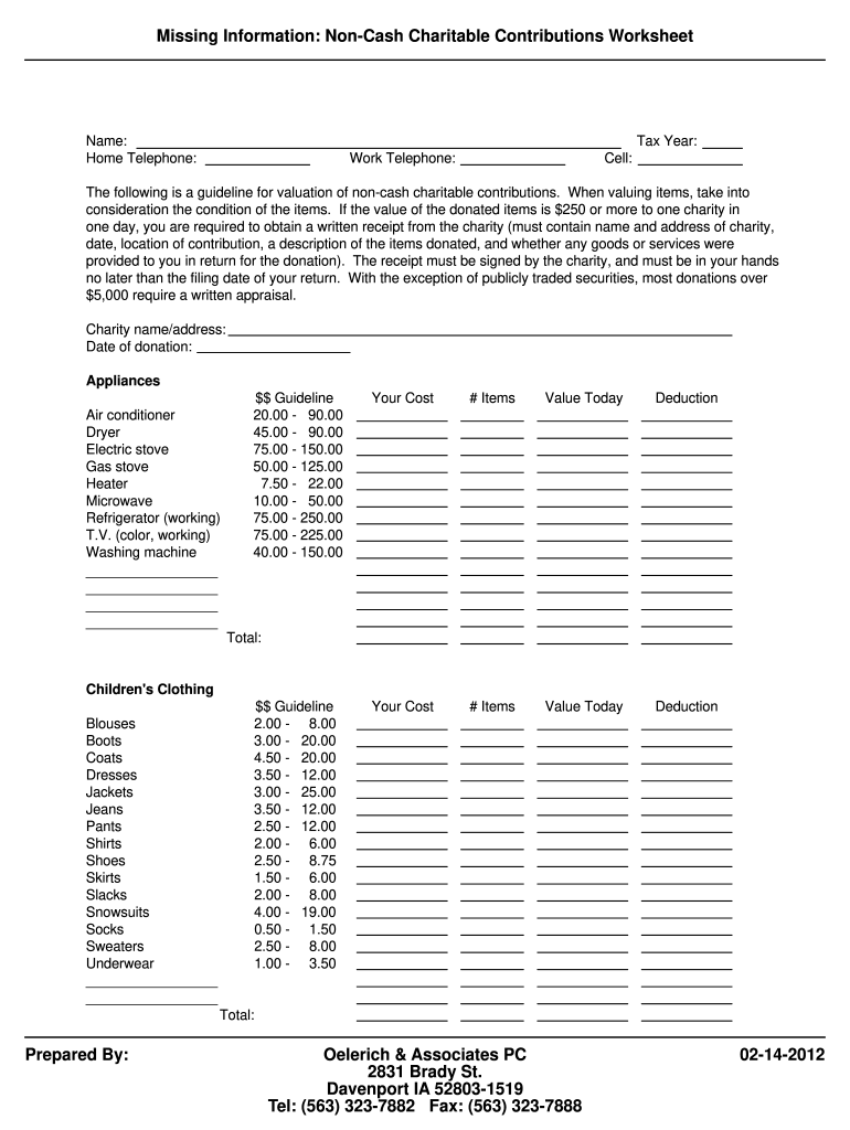 Charitable Donation Worksheet Fill Online Printable Fillable Blank PdfFiller