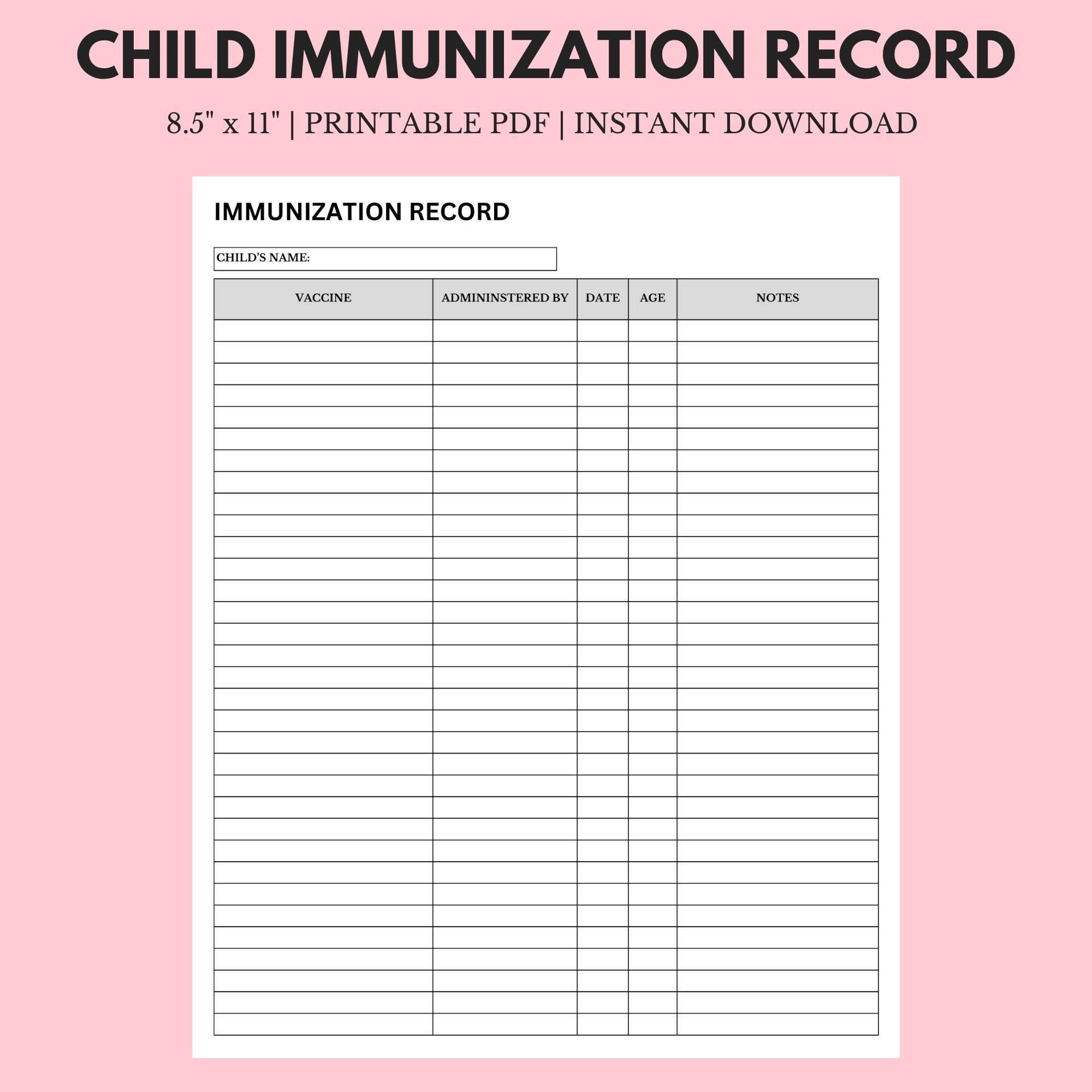 Child Immunization Record 8 5 X 11 Instant Download Printable Etsy