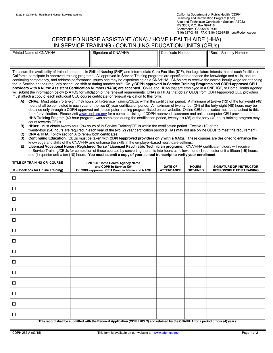 Cna Inservice Hours Form Printable Blank PDF Online