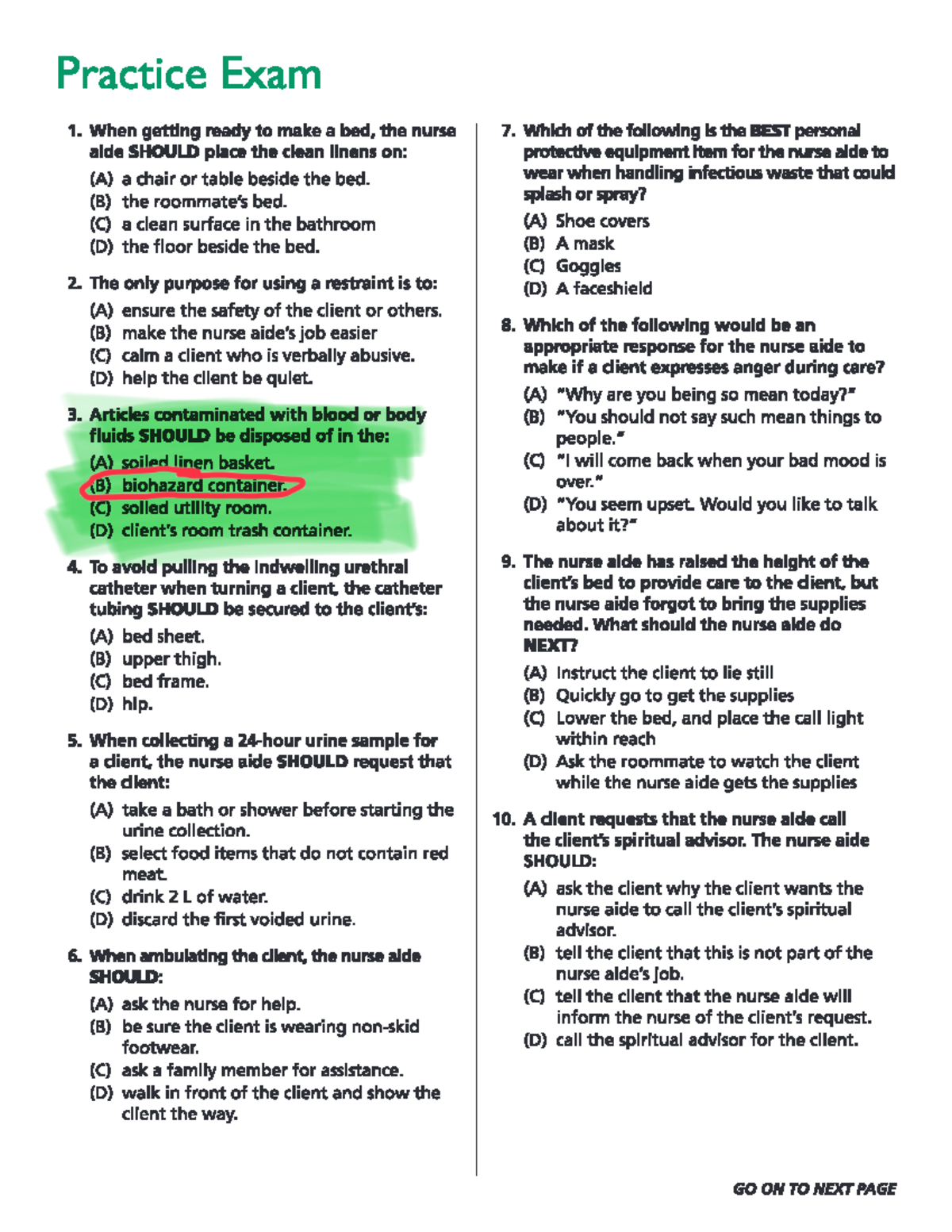 printable cna practice test