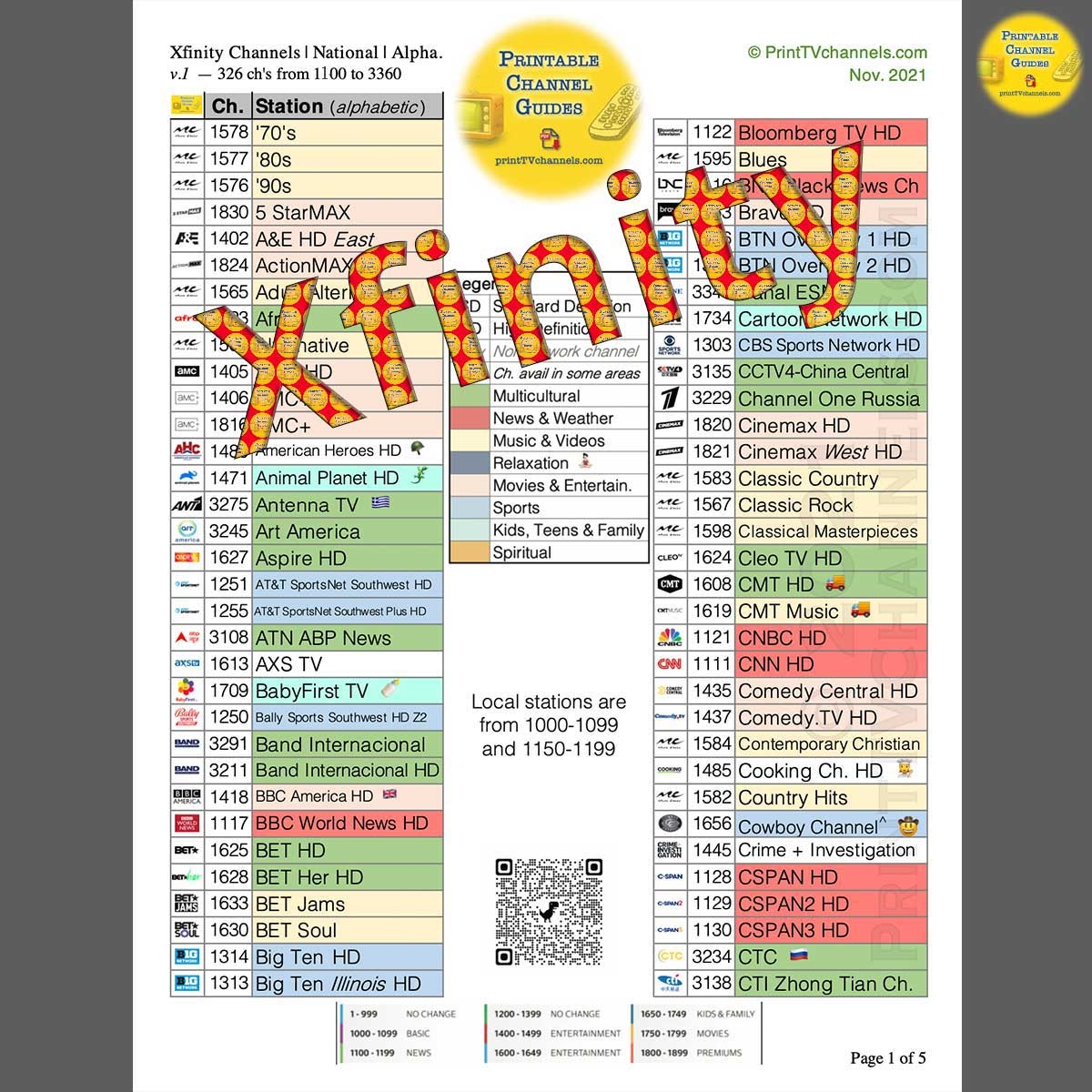Comcast Xfinity Printable Channel Guide NATIONWIDE Alphabetic