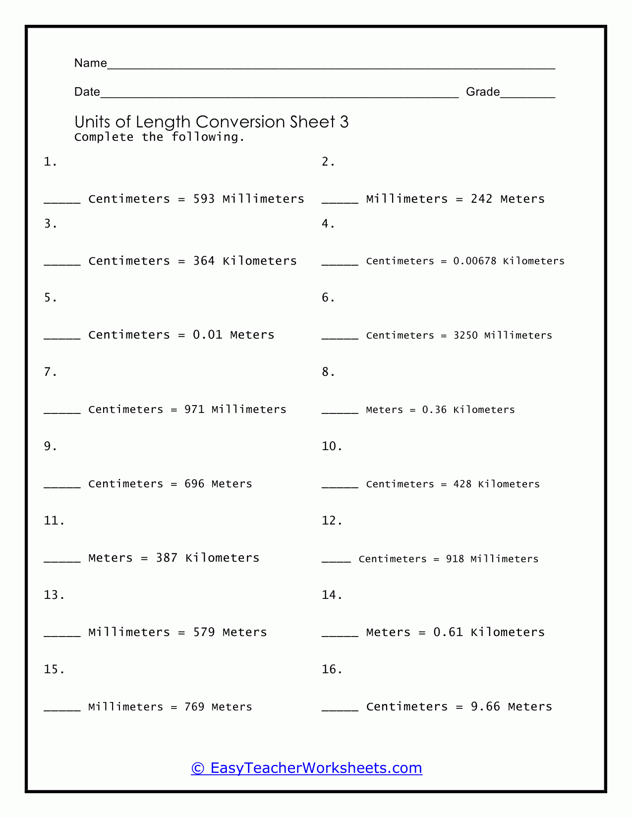 Converting Units Of Length Worksheets