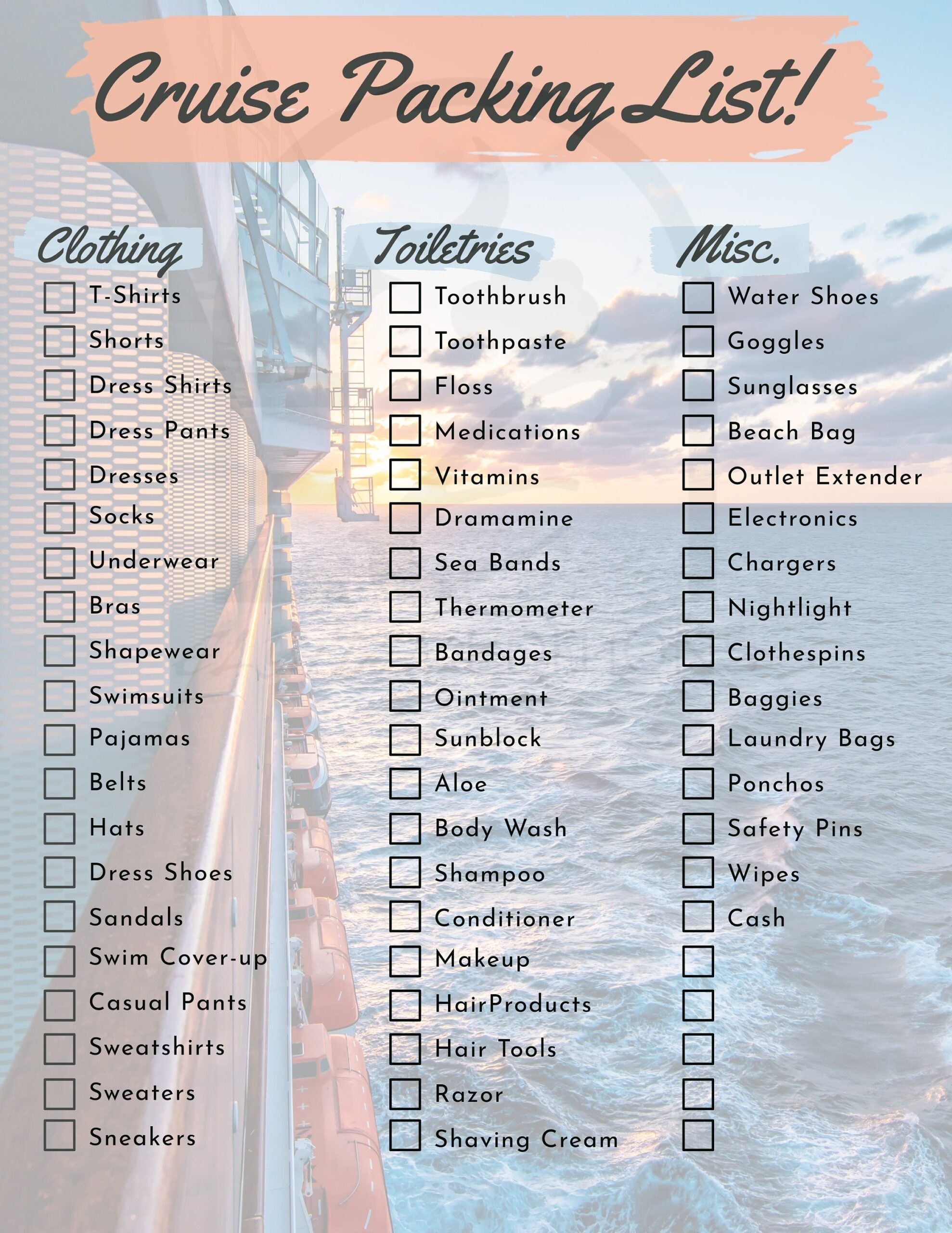 Cruise Packing List Printable Checklist digital Download Etsy