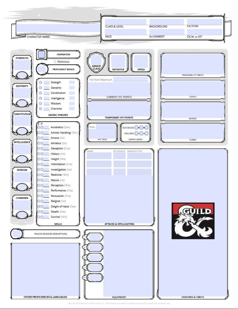 D D 5E Character Sheet editable fillable PDF Printer Friendly Auto Calculates Bonuses Dungeon Masters Guild DriveThruRPG