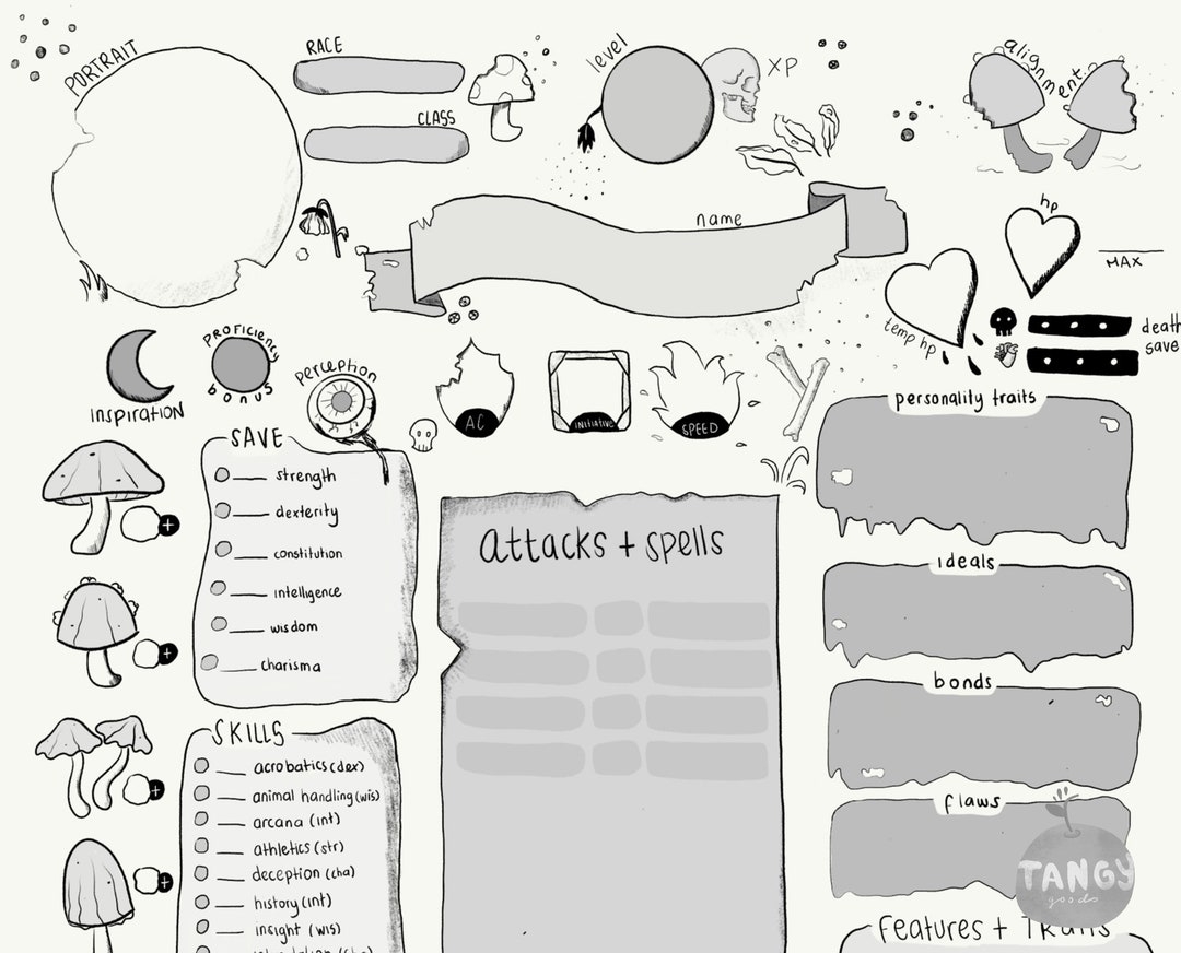 D D 5e Character Sheet PDF Printable For Dungeons And Dragons Mushroom Decay Sketchy Style Etsy