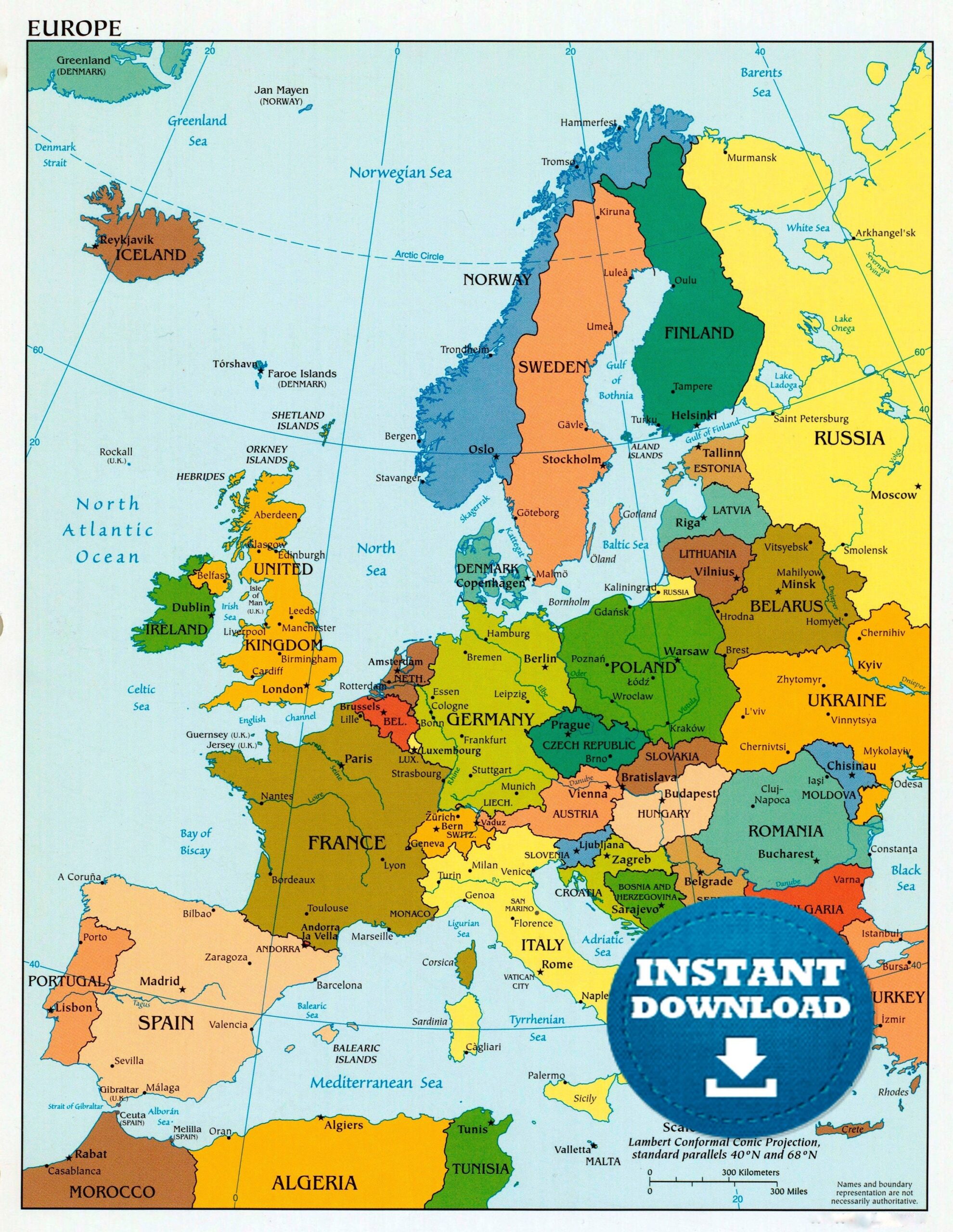 Digital Political Colorful Map Of Europe Printable Download Mapping Countries Of Europe Lively Political Map European Map Etsy