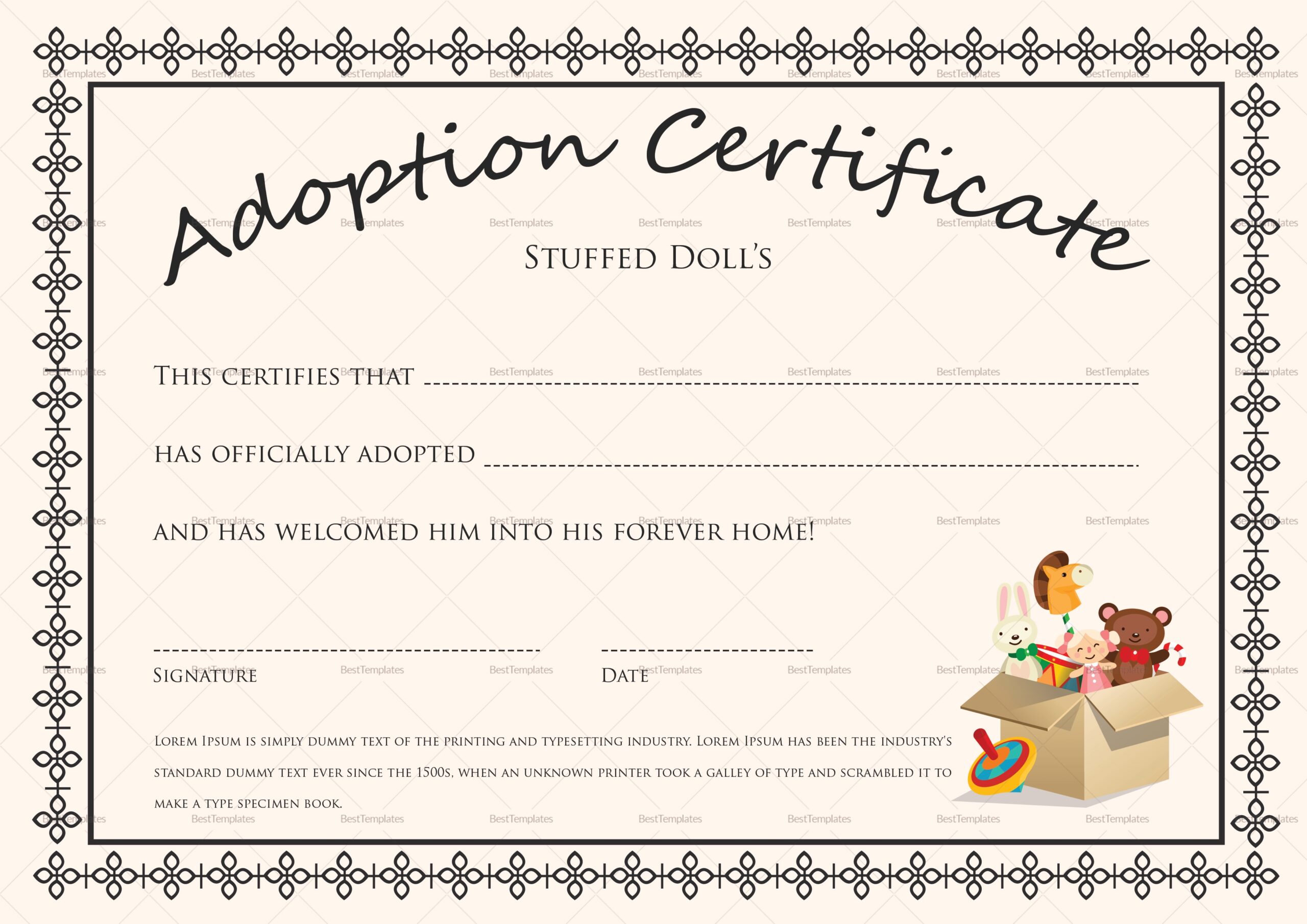 Doll Adoption Certificate Design Template In PSD Word