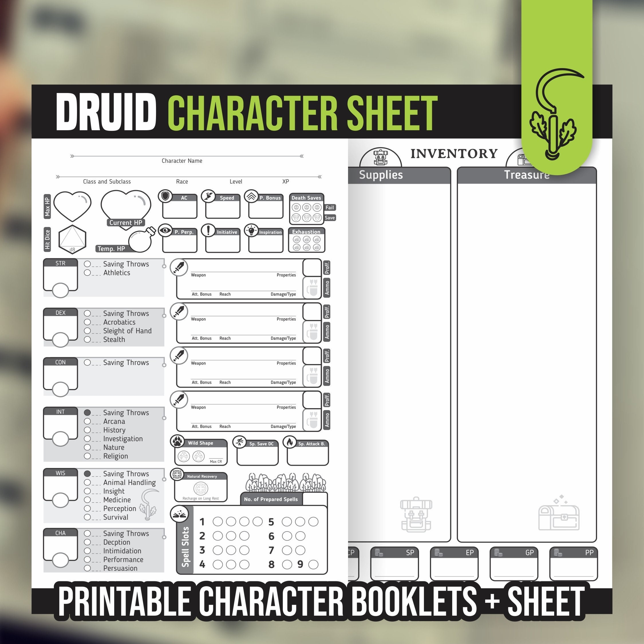 DRUID CHARACTER SHEET For DnD 5e Form Fillable Pdf Dungeons And Dragons Printable Character Sheet D D DnD Character Journal