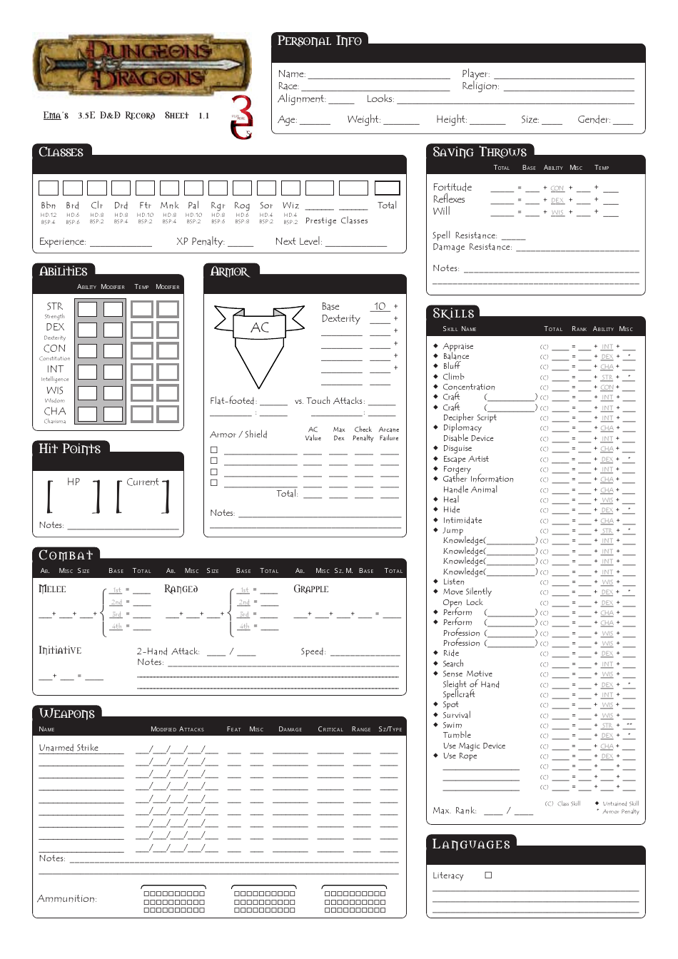 Dungeons Dragons 3 5e Character Sheet Download Printable PDF Templateroller