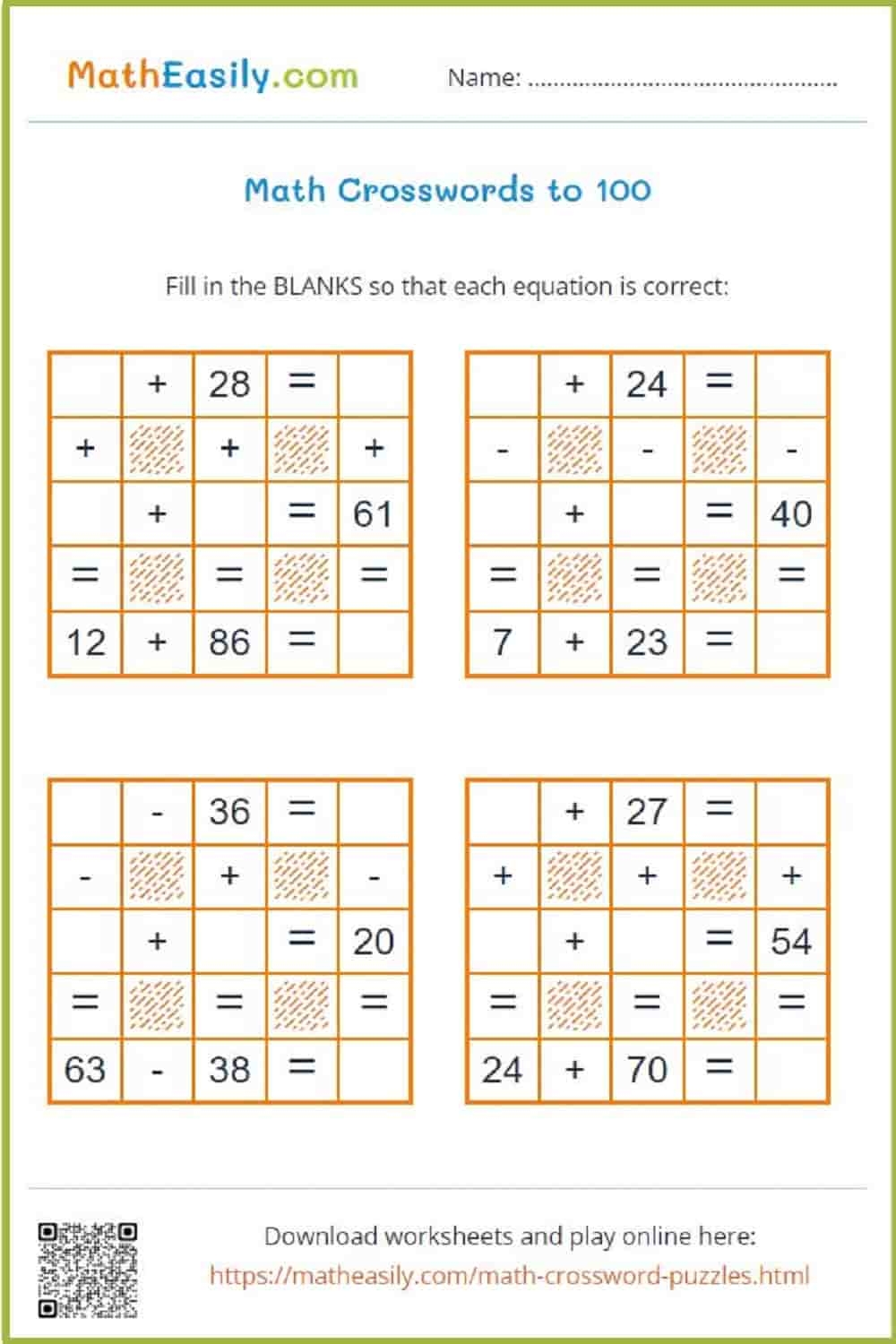Easy Math Crossword Puzzles Addition And Subtraction Easy Math Crossword Puzzles Addition And Subtraction