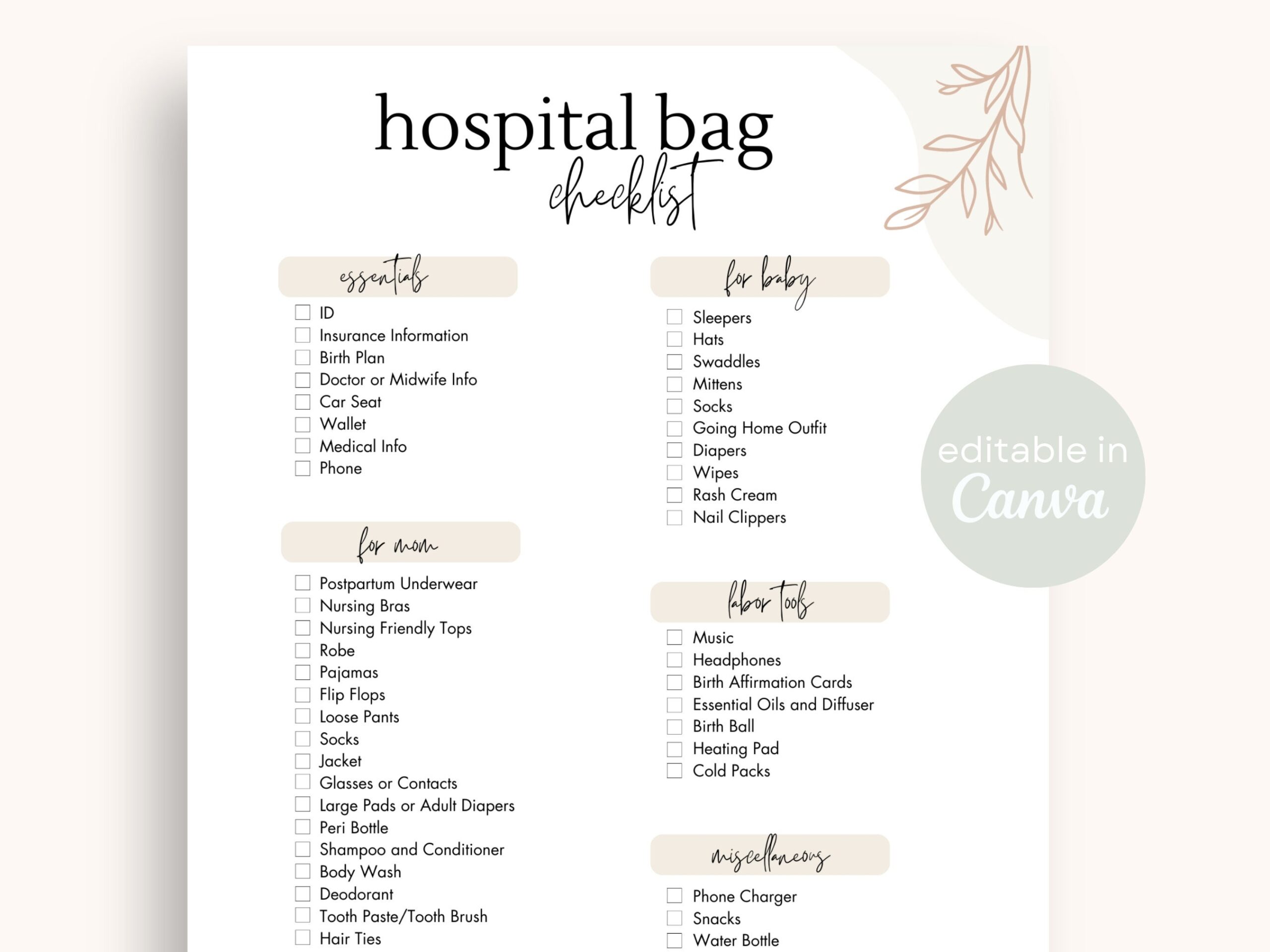 Editable Hospital Bag Checklist Printable Minimalist Boho Baby digital Download Etsy